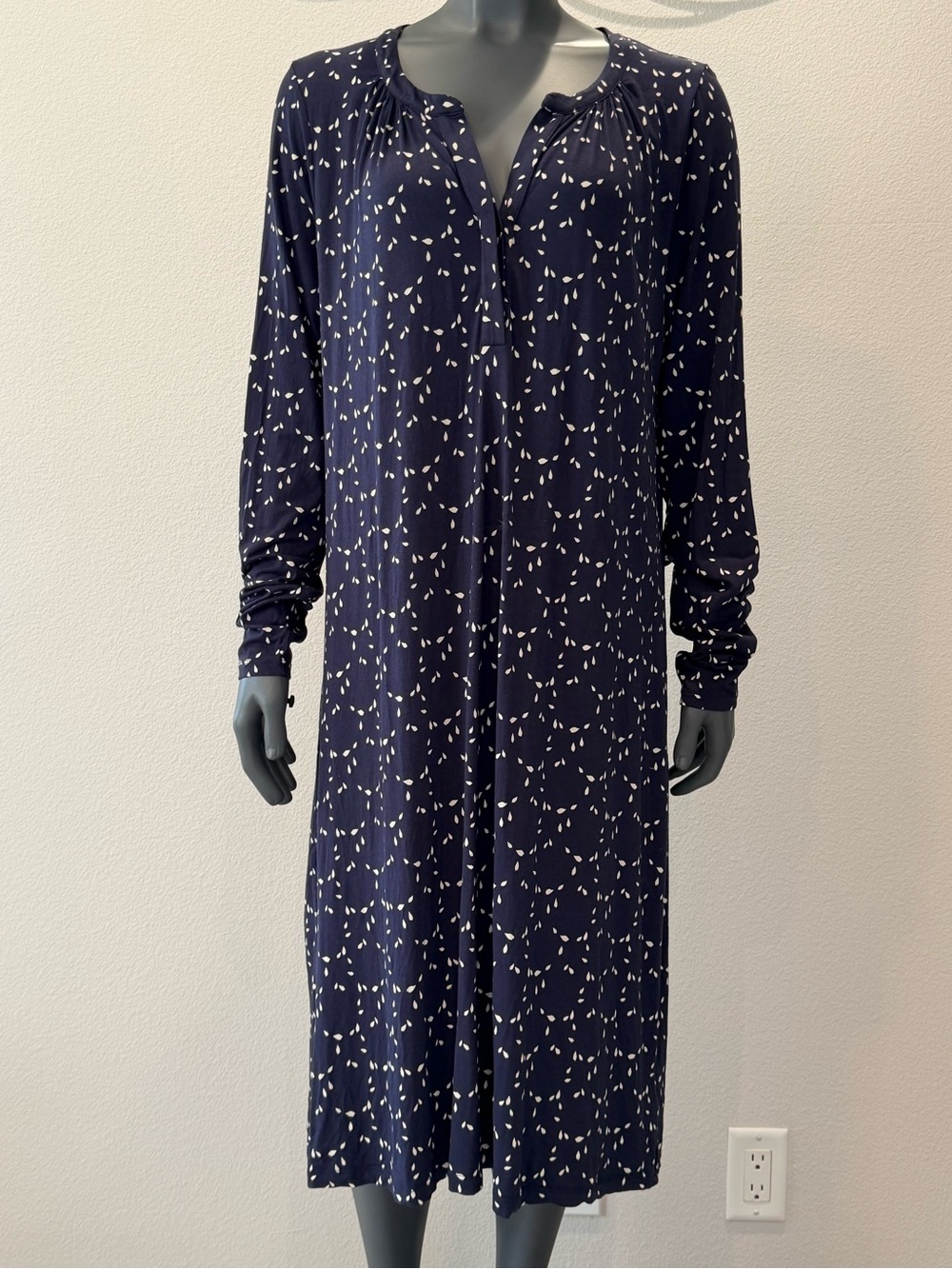 Boden Navy & Off White Organic Leaf Print Long Sleeve Jersey Midi Dress size 16R